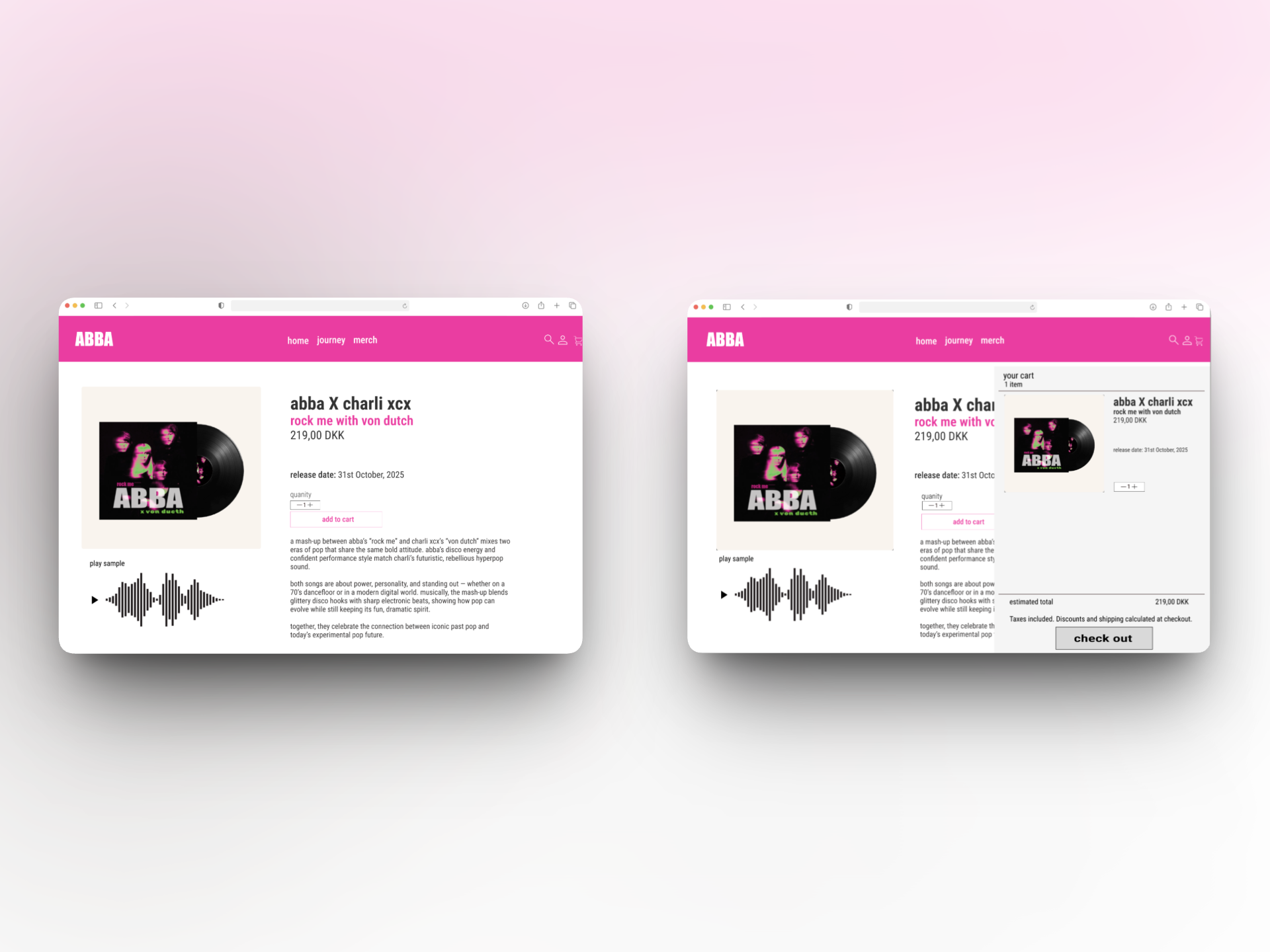 ABBA × Charli XCX website med produktside og indkøbskurv